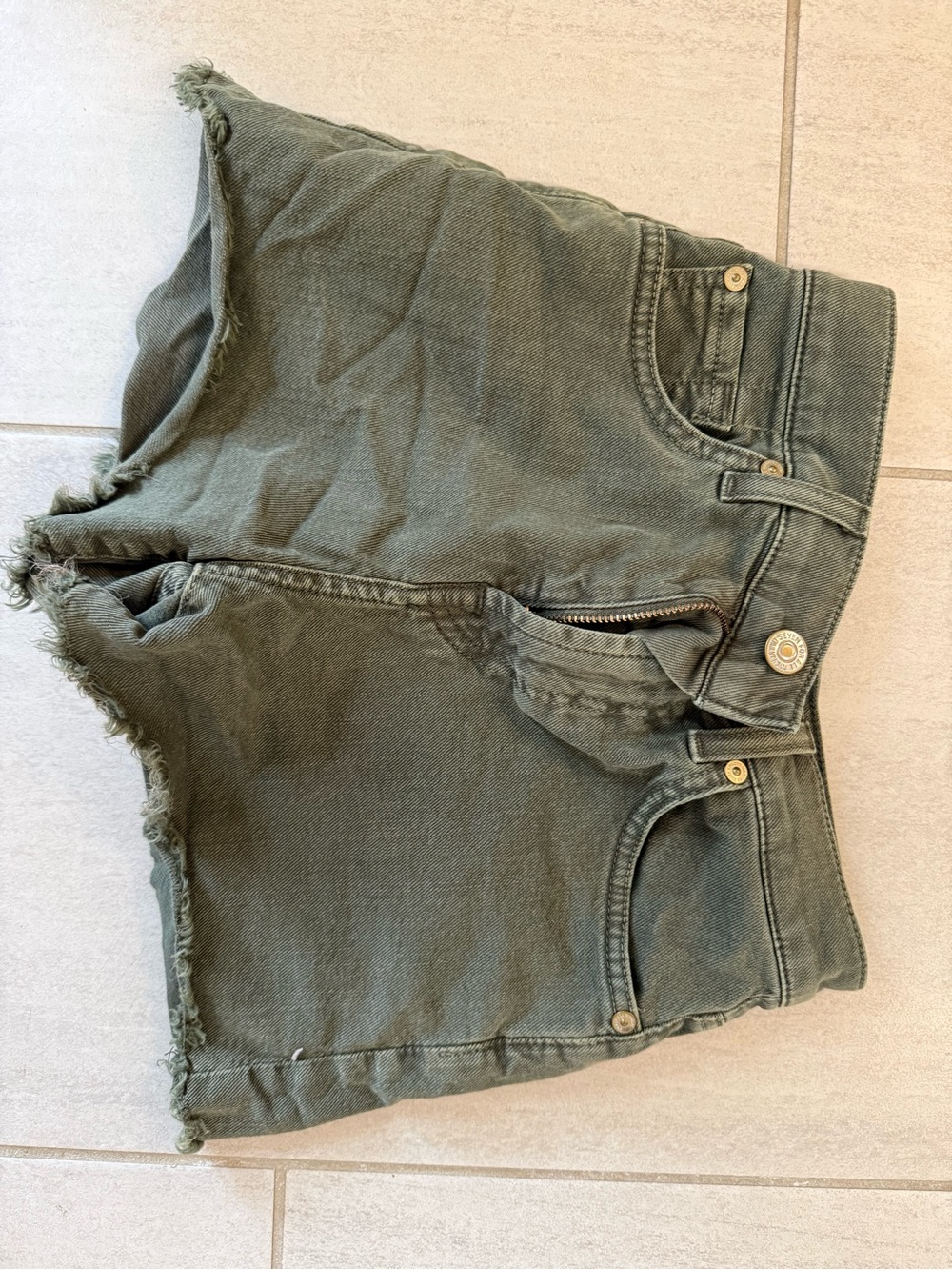 7 For All Mankind Olive Green Frayed Hem Denim Shorts